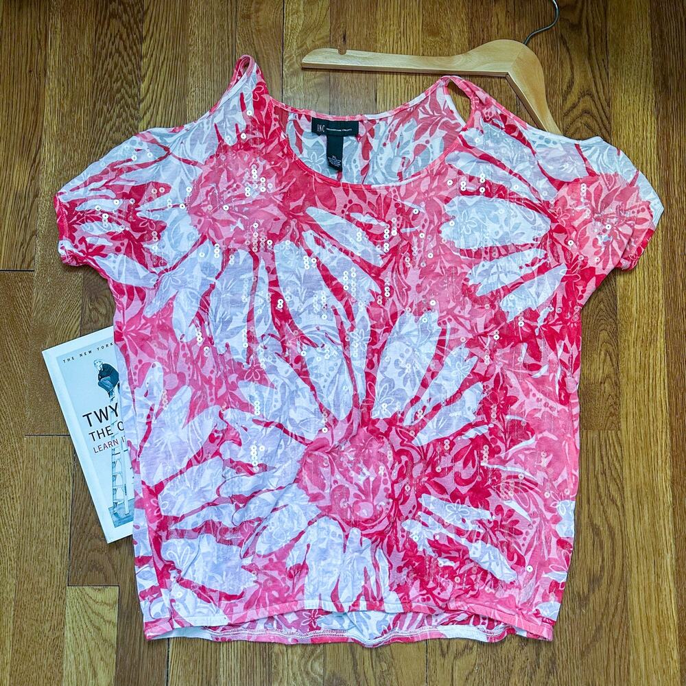 INC Red & White Cold Shoulder Short Sleeve Sequin Floral Blouse